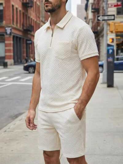 Mens Spring New Solid-Color Jacquard Zip-Up Set