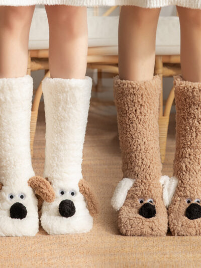 Cute Cartoon Dog Floor Socks Winter Warm Non-slip Plush Socks For Women