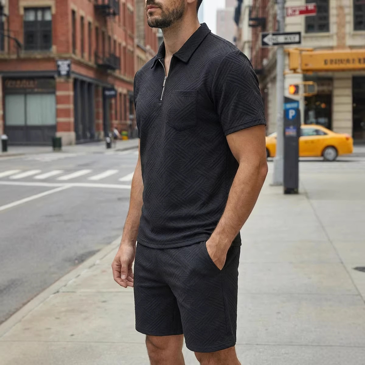 Mens Spring New Solid-Color Jacquard Zip-Up Set - Image 4