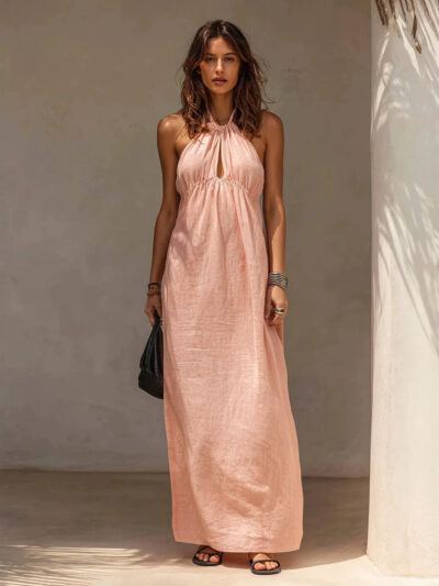 Womens Solid-color Long Halter-neck Dress