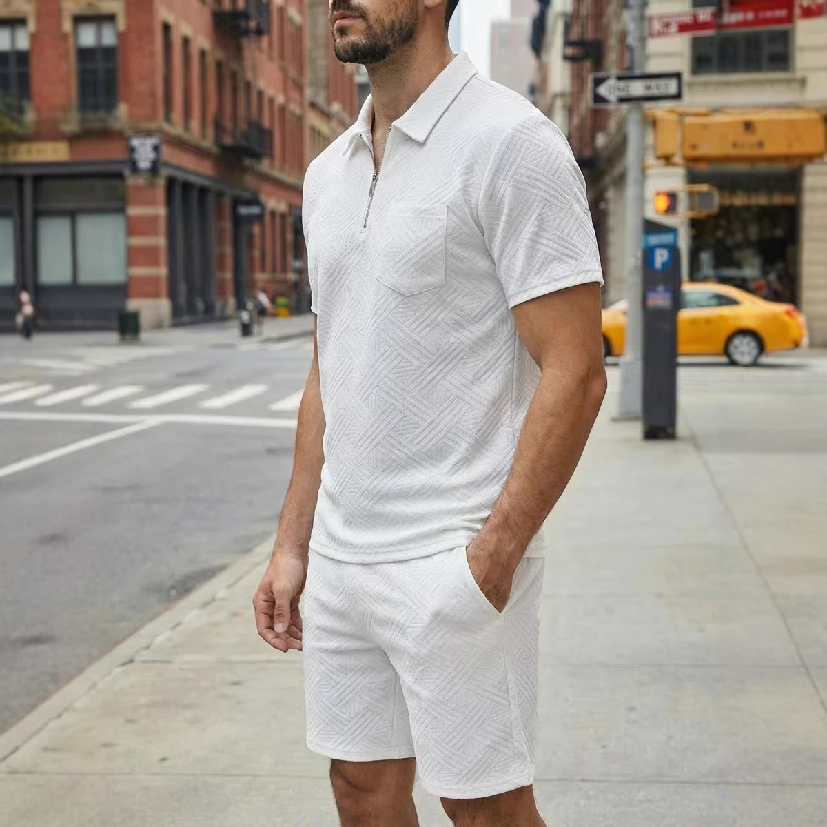 Mens Spring New Solid-Color Jacquard Zip-Up Set - Image 2
