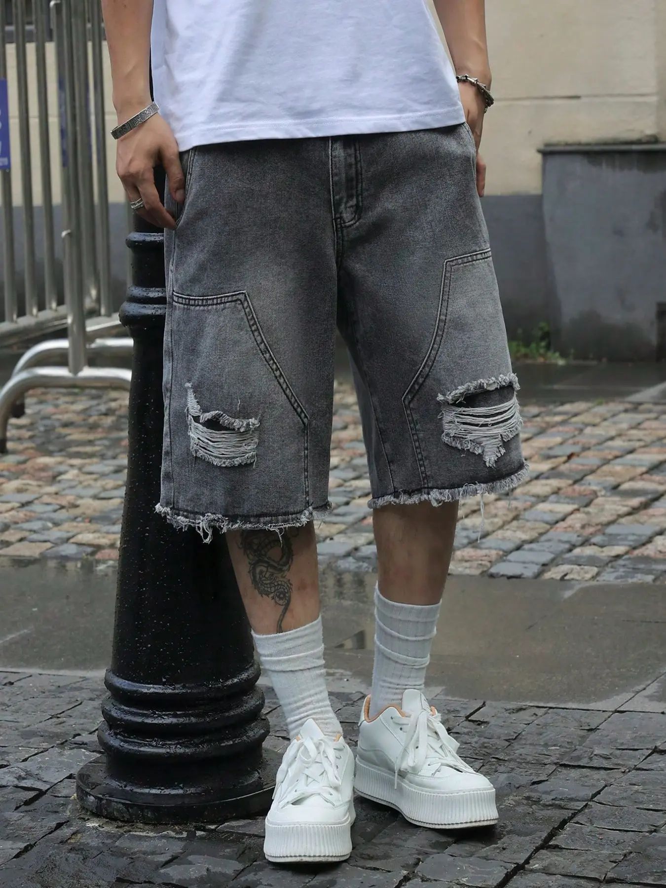 Mens Denim Shorts Straight-leg Relaxed Fit Versatile Korean Style - Image 3