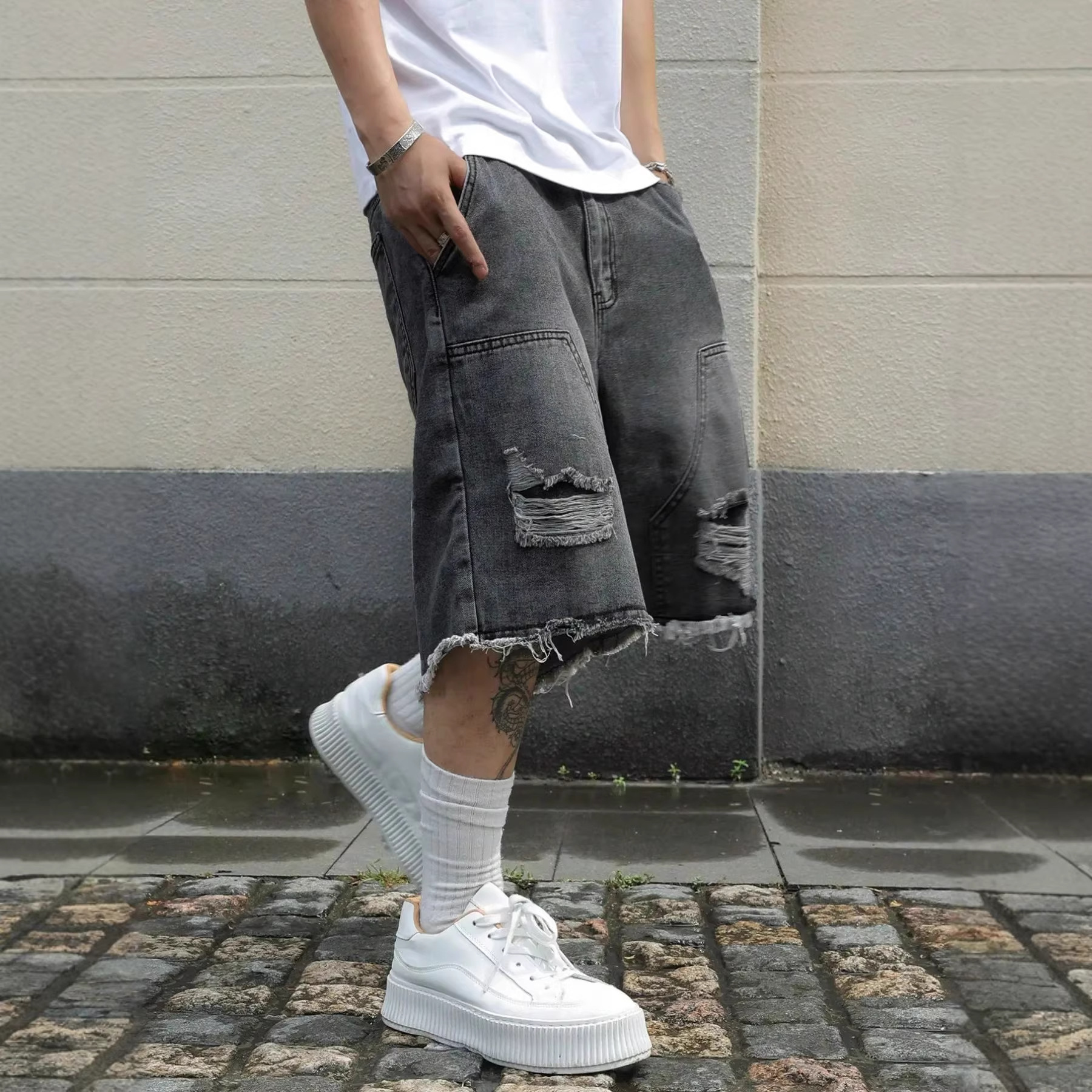 Mens Denim Shorts Straight-leg Relaxed Fit Versatile Korean Style - Image 6