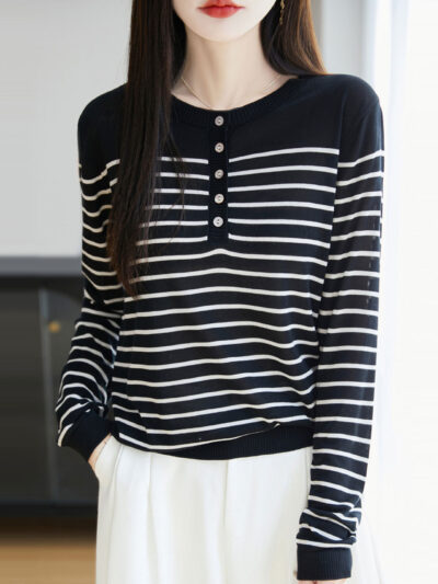 Womens Crew-Neck Striped Long-Sleeve Knitted Sweater