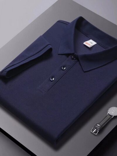 Solid-color Summer Mens Clothing Lapel Half-sleeve High-end Trendy Casual Plain Top
