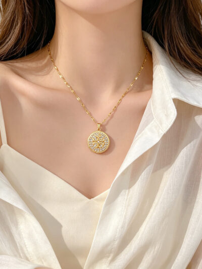 Womens Round-Pattern Zircon Full-Diamond Necklace