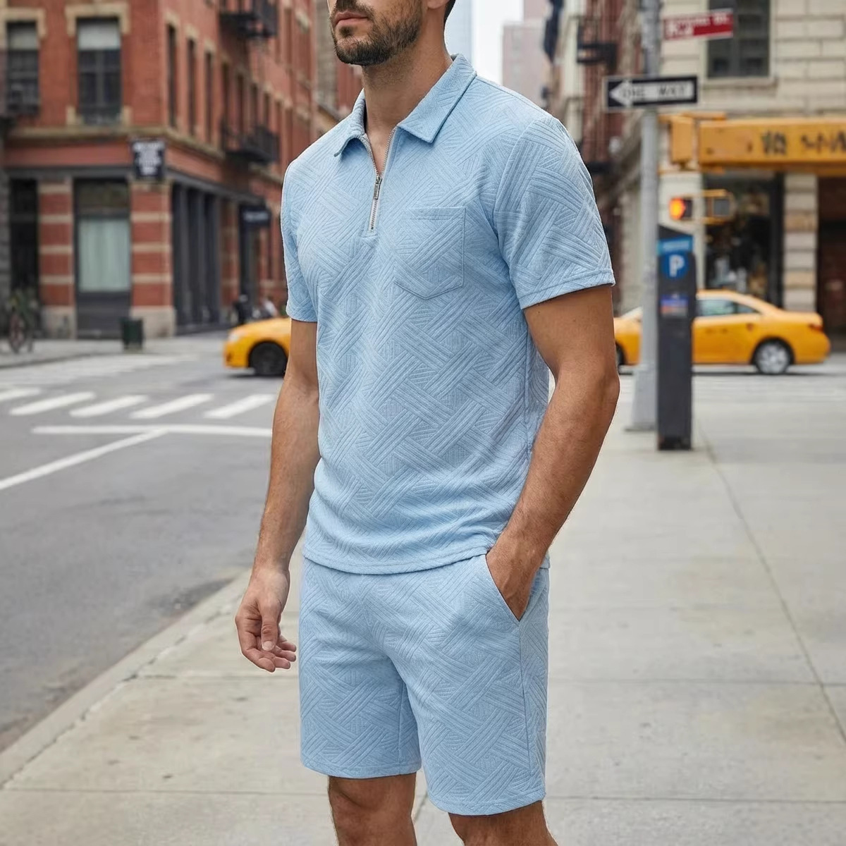 Mens Spring New Solid-Color Jacquard Zip-Up Set - Image 6