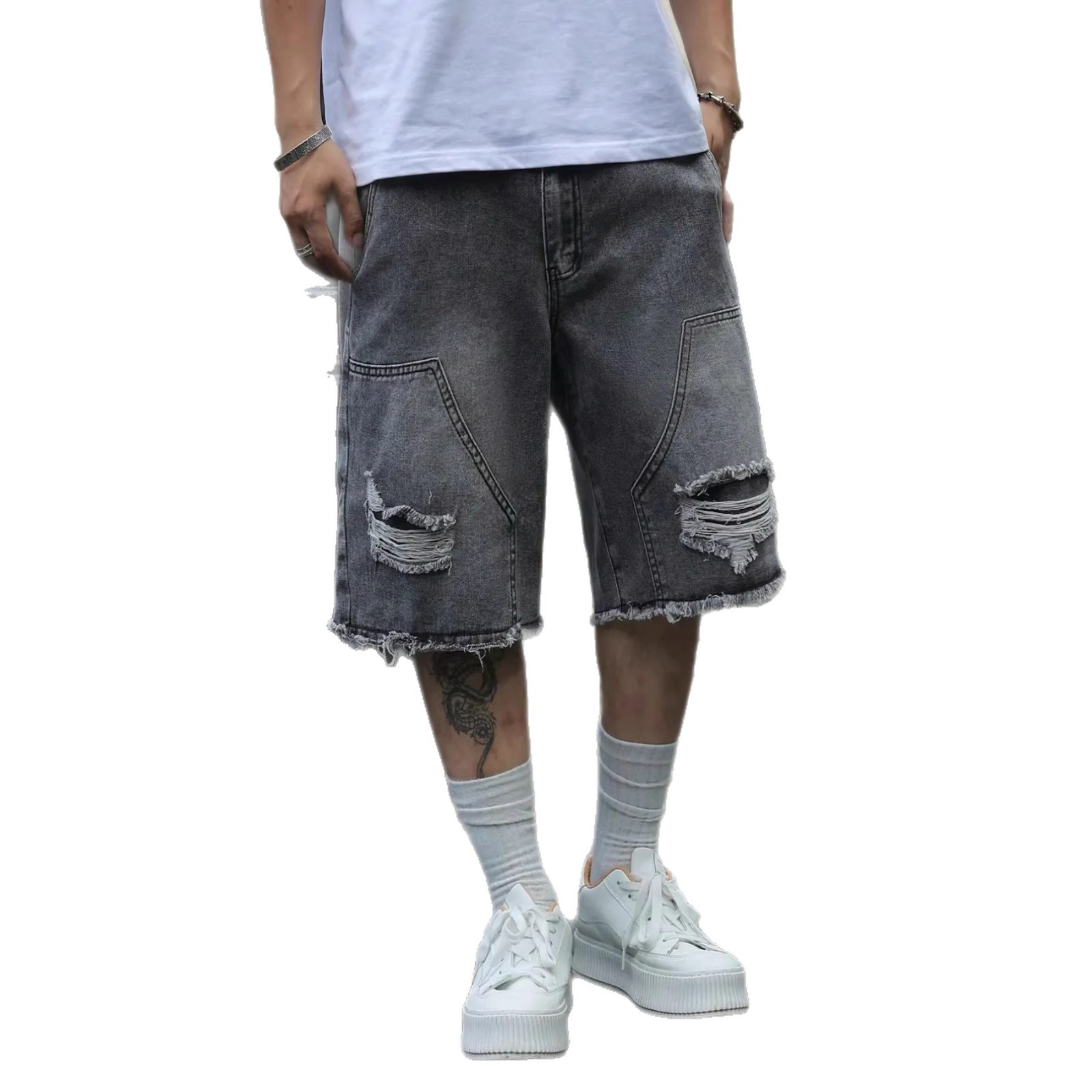 Mens Denim Shorts Straight-leg Relaxed Fit Versatile Korean Style - Image 2