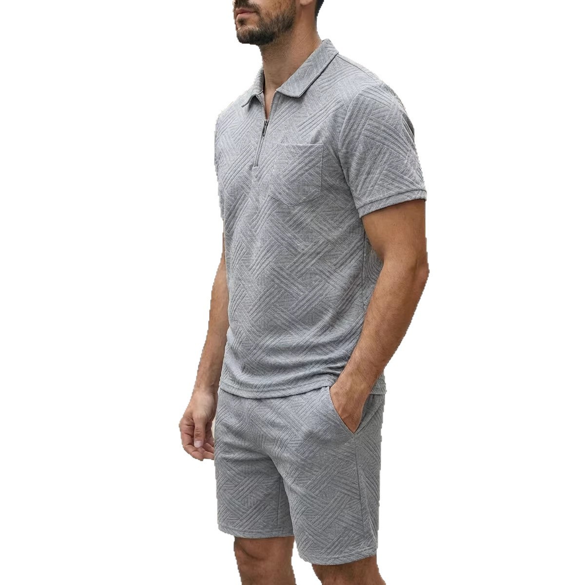Mens Spring New Solid-Color Jacquard Zip-Up Set - Image 3