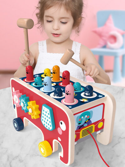 Montessori Toddlers Kids Wooden Pounding Bench Animal Bus Toys Early Educational Set Gifts For Children Toy Musical Instrument